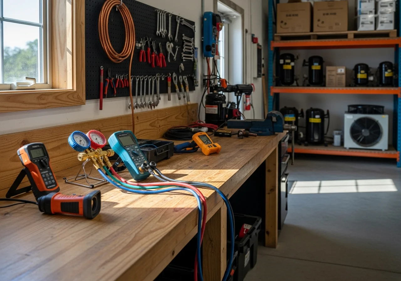 HVAC technician tools and equipment on a workbench, representing professional facility maintenance services.