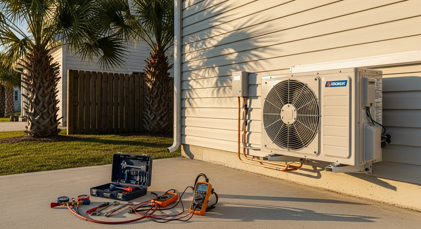 Heat pump unit installed outside residential home