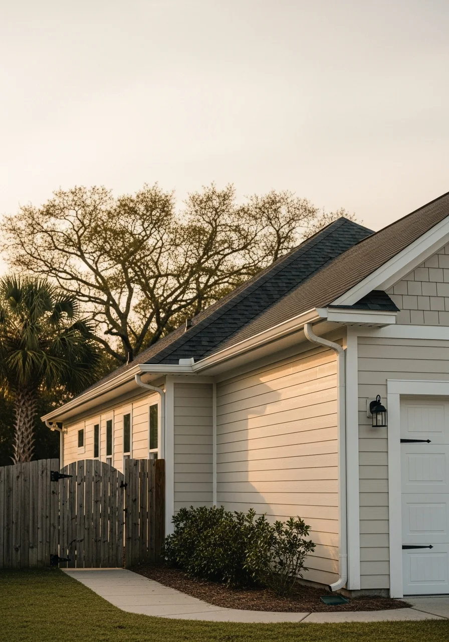 Close-up of a well-maintained coastal home exterior with professional roofing and siding in North Myrtle Beach.