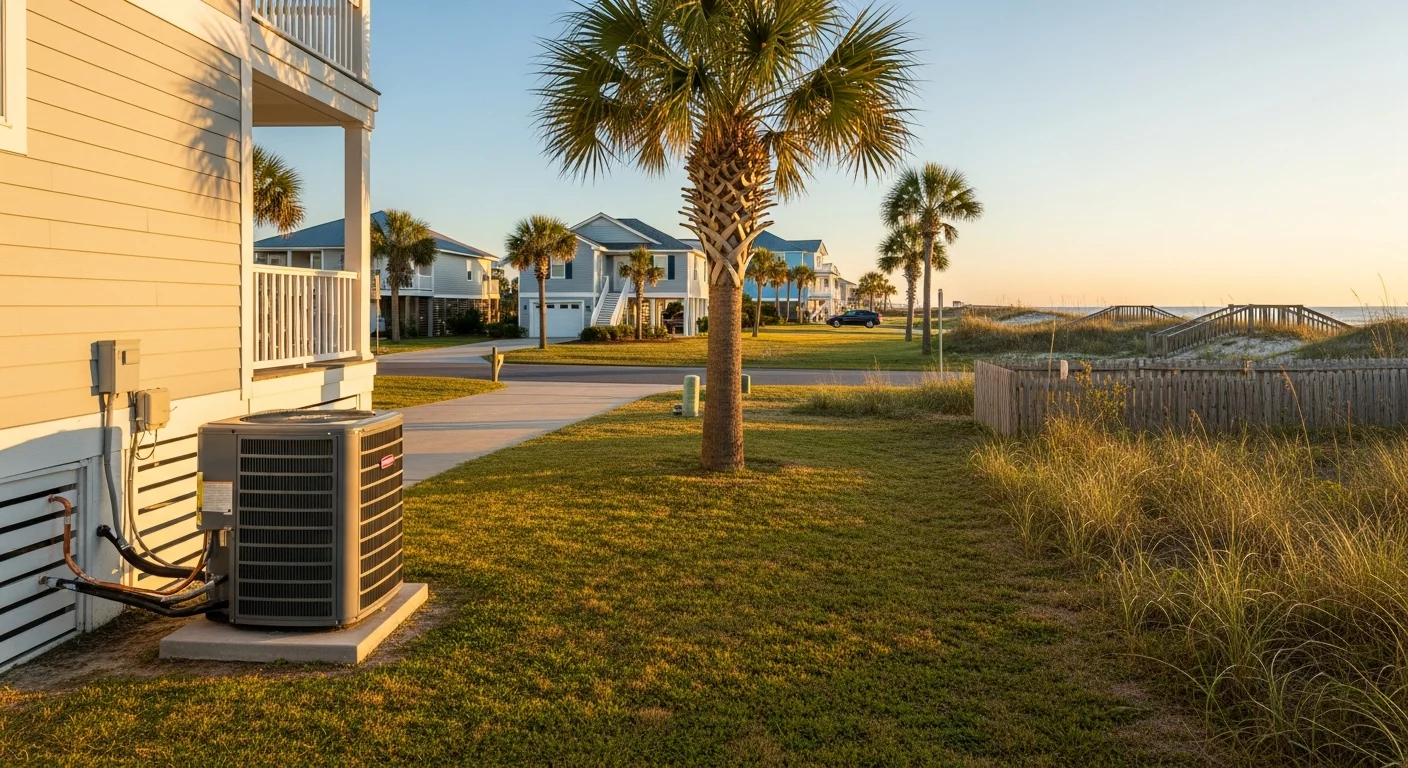 Oceanfront residential neighborhood in North Myrtle Beach with palm trees and coastal homes under clear sky.