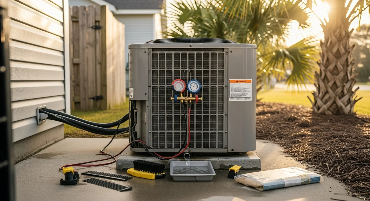 A Coastal Facility Solutions technician cleaning the outdoor condenser unit of a residential air conditioning system in North Myrtle Beach, SC. The technician inspects coils and removes salt and debris buildup on a sunny coastal property.