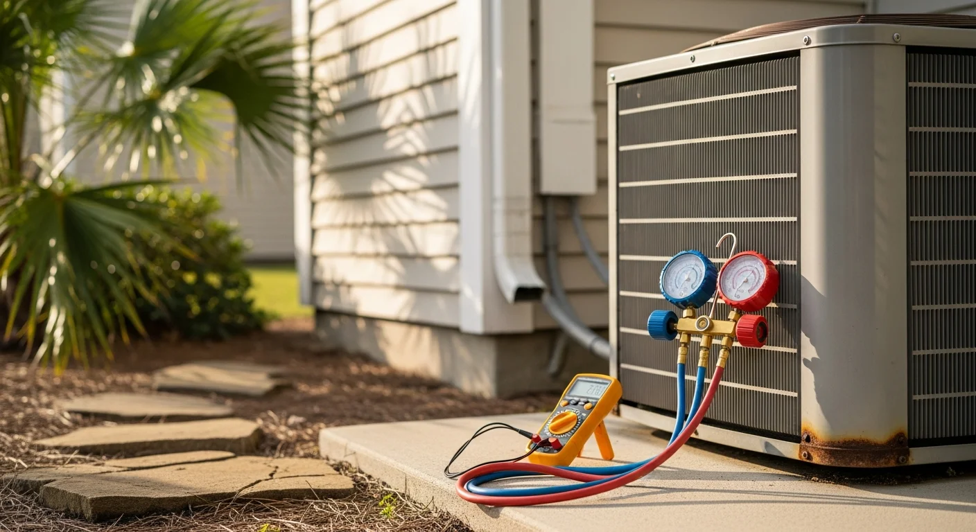 A Coastal Facility Solutions technician inspecting an outdoor AC condenser unit at a residential property in North Myrtle Beach, SC. The unit shows signs of coastal exposure with the Atlantic coast visible in the background.