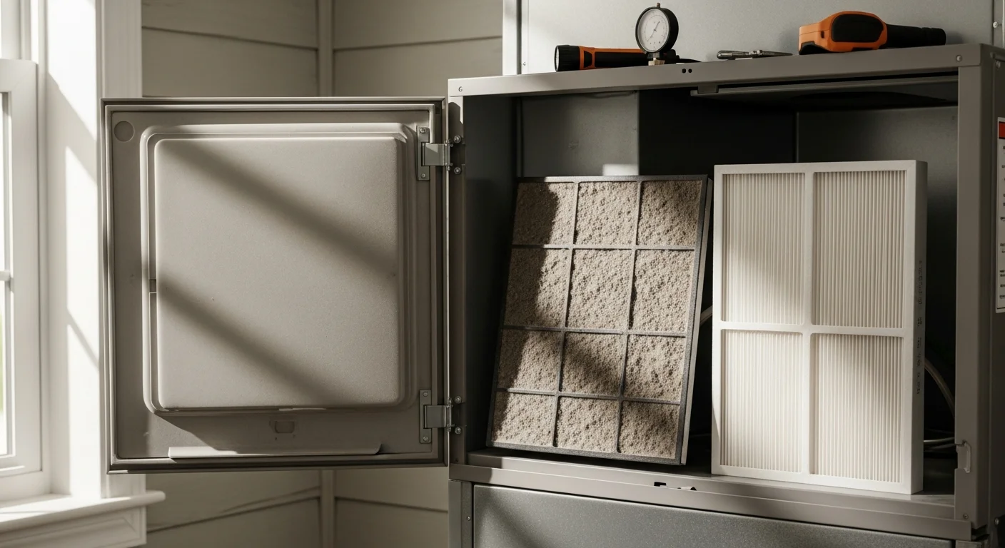 A technician from Coastal Facility Solutions removing a dust-loaded air filter from a residential HVAC air handler in a North Myrtle Beach home. A clean replacement filter sits ready for installation beside the unit.