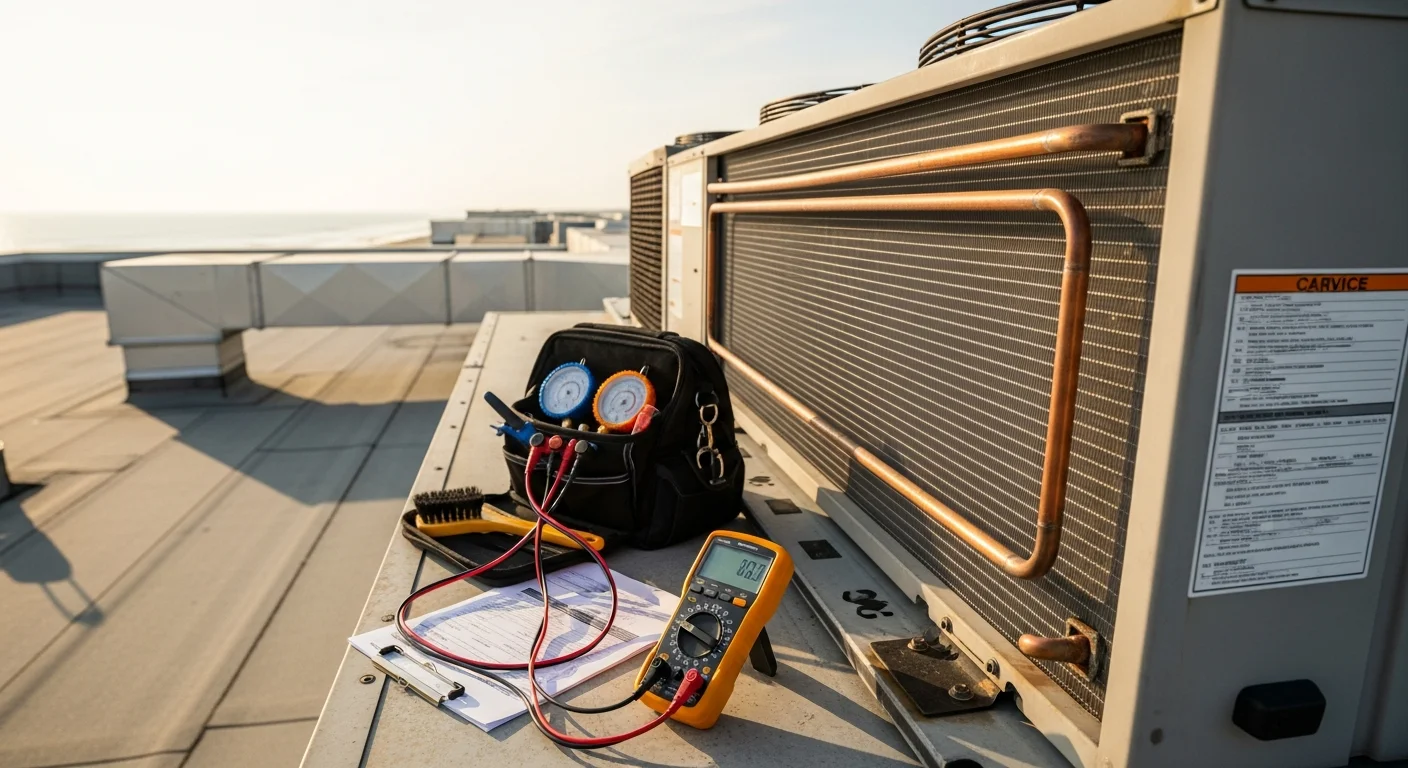 A commercial HVAC technician inspecting a rooftop unit on a flat-roof commercial building in North Myrtle Beach, SC. The coastal skyline and clear blue sky are visible in the background.