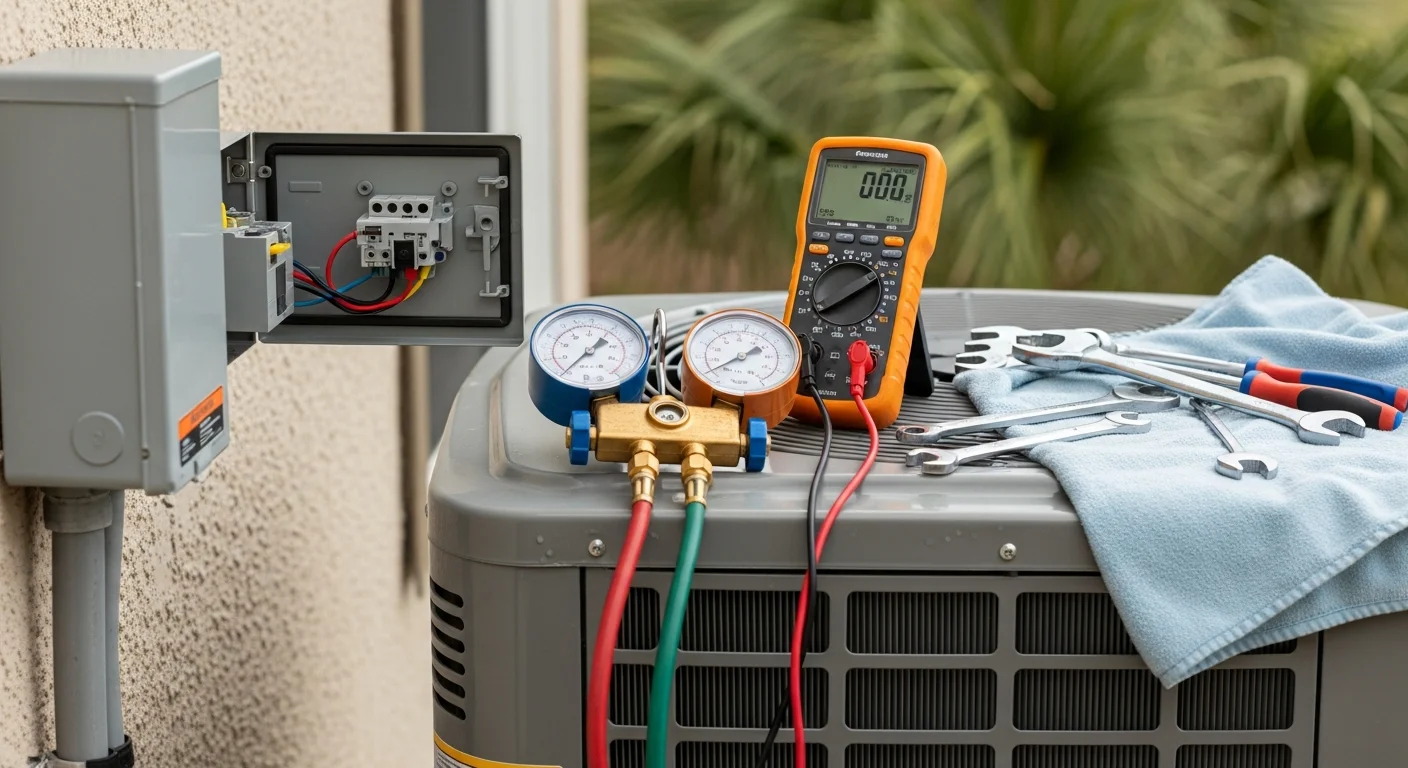 A Coastal Facility Solutions HVAC technician inspecting an outdoor condenser unit at a North Myrtle Beach property during an emergency service call. The technician is checking electrical components on a coastal home with visible salt air exposure on the unit housing.