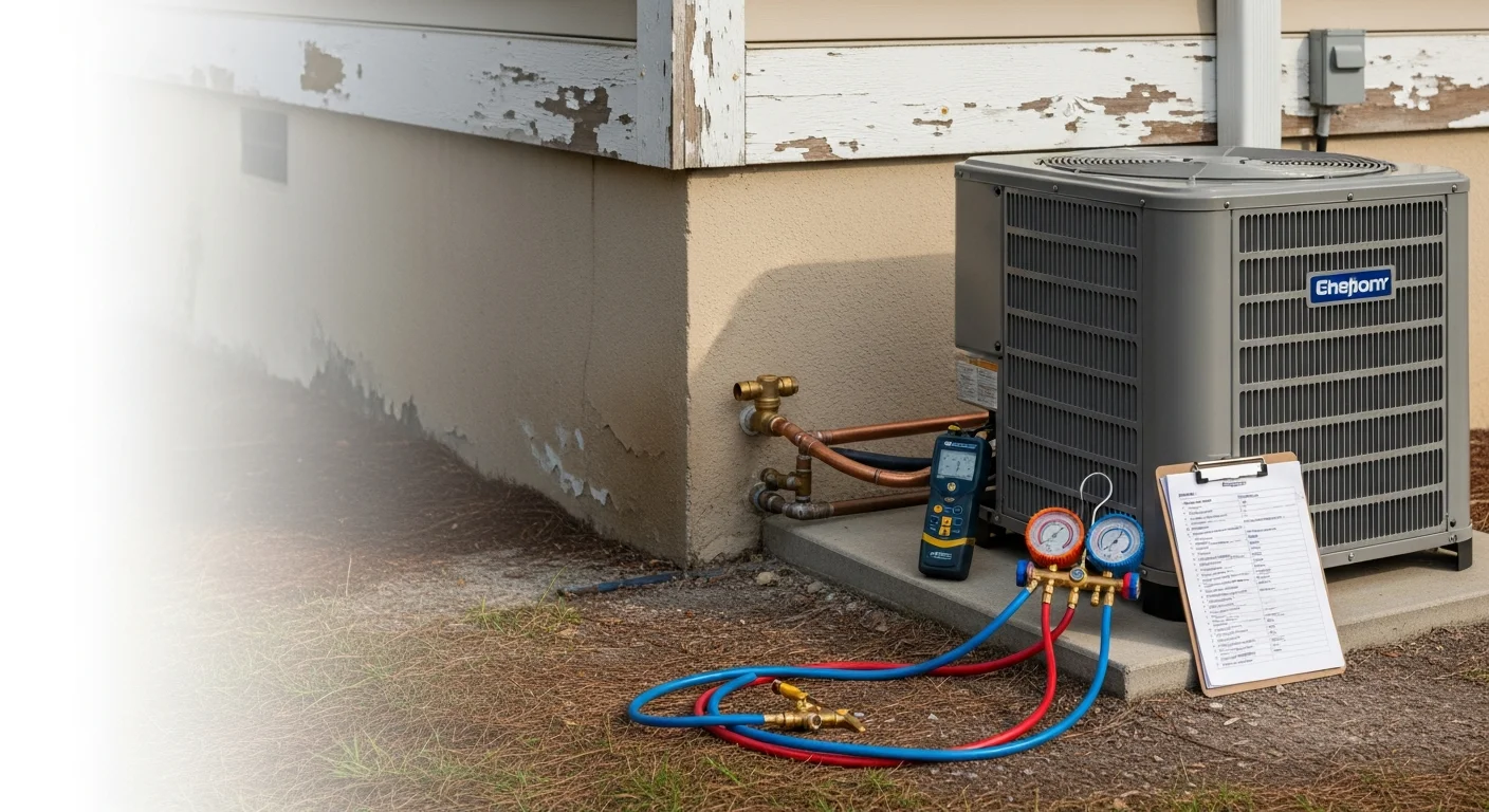A newly installed heat pump outdoor unit mounted on a pad beside a single-family home in North Myrtle Beach, SC, with coastal landscaping visible in the background. The unit shows clean line connections and a corrosion-resistant cabinet finish suited for the Grand Strand salt air environment.