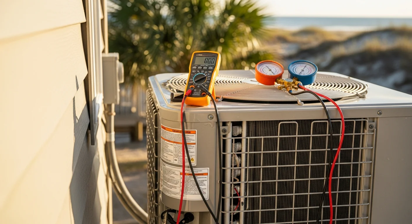A Coastal Facility Solutions heating contractor inspecting the outdoor unit of a residential heat pump in North Myrtle Beach, SC. The technician checks coil fins and electrical connections on a single-family home near the South Carolina coast.