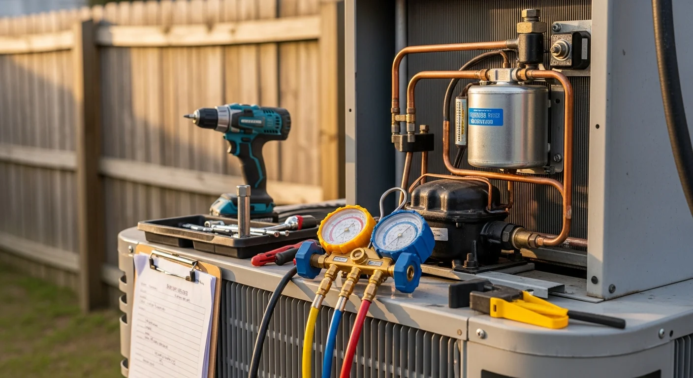 A Coastal Facility Solutions technician inspecting the outdoor unit of a residential heat pump in North Myrtle Beach, SC. The technician checks the coil and electrical components on a coastal property with visible weathering on the unit cabinet.