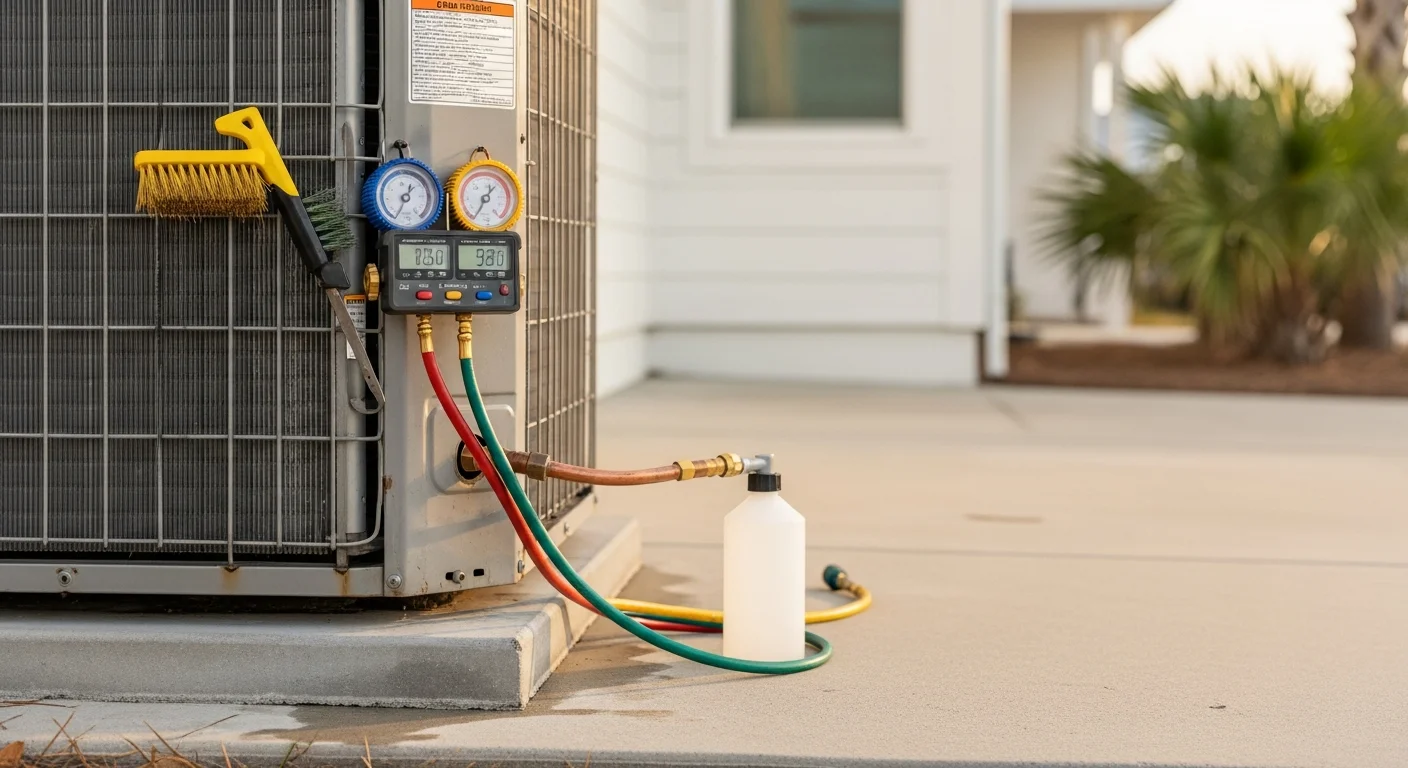 A Coastal Facility Solutions HVAC technician inspecting and cleaning the outdoor condenser unit of a residential system in North Myrtle Beach, SC. The unit shows signs of coastal exposure with the Atlantic coast visible in the background.