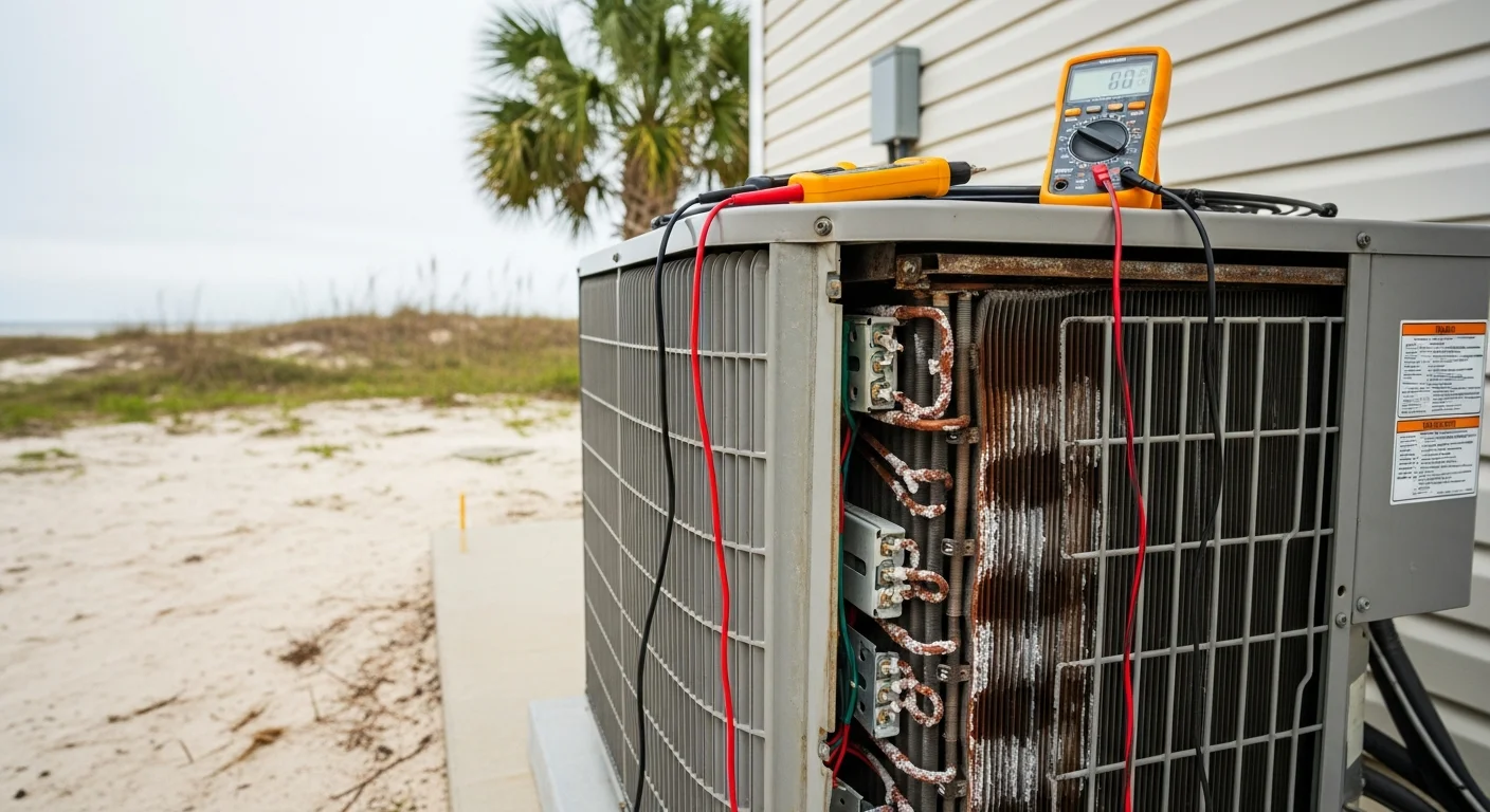 A Coastal Facility Solutions HVAC technician inspecting an outdoor condenser unit at a North Myrtle Beach, SC residential property. The unit shows signs of coastal salt exposure on the coil fins, with the technician using diagnostic equipment to assess the system.
