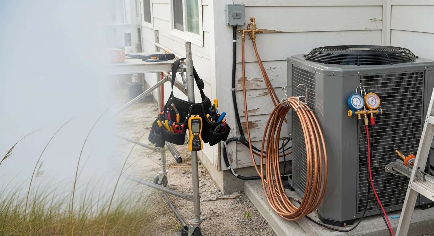 A licensed HVAC technician from Coastal Facility Solutions installing a new outdoor condenser unit at a residential home in North Myrtle Beach, SC. The unit is positioned on a concrete pad beside the house with coastal landscaping visible in the background.