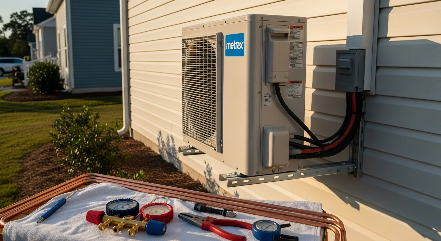 A wall-mounted mini split indoor air handler installed in a North Myrtle Beach home, with the outdoor compressor unit positioned on a concrete pad beside the exterior wall. The installation shows clean refrigerant line routing and a low-profile indoor unit against a neutral-colored interior wall.
