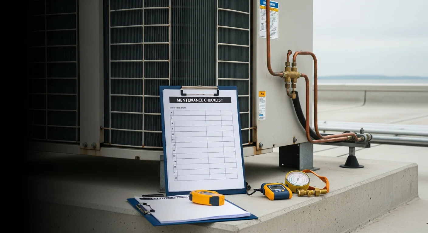 A facility maintenance technician conducting a scheduled inspection inside a commercial building in North Myrtle Beach, SC. The technician reviews mechanical systems and records findings on a service report clipboard.