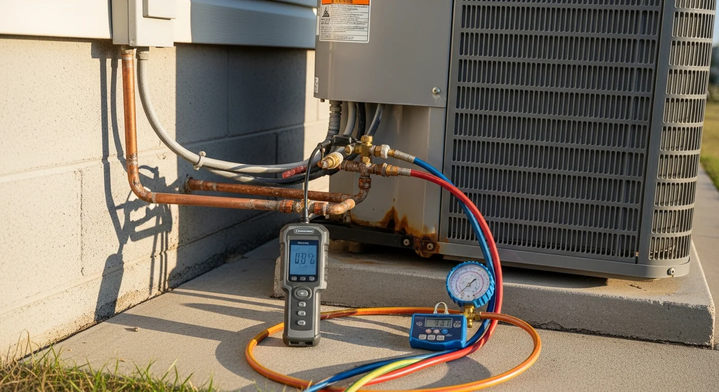 An HVAC technician using an electronic refrigerant leak detector on an outdoor condenser unit at a coastal property in North Myrtle Beach, SC. The salt-air-exposed condenser coils and copper line connections are visible during the inspection.