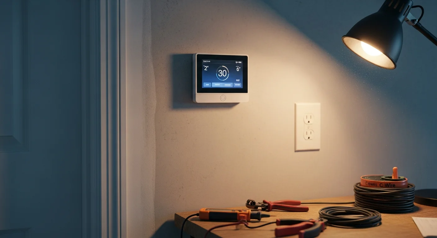 A newly installed smart thermostat mounted on an interior wall of a commercial facility in North Myrtle Beach, SC, displaying a digital temperature schedule on its touchscreen. A technician in a Coastal Facility Solutions uniform stands nearby reviewing the completed installation.