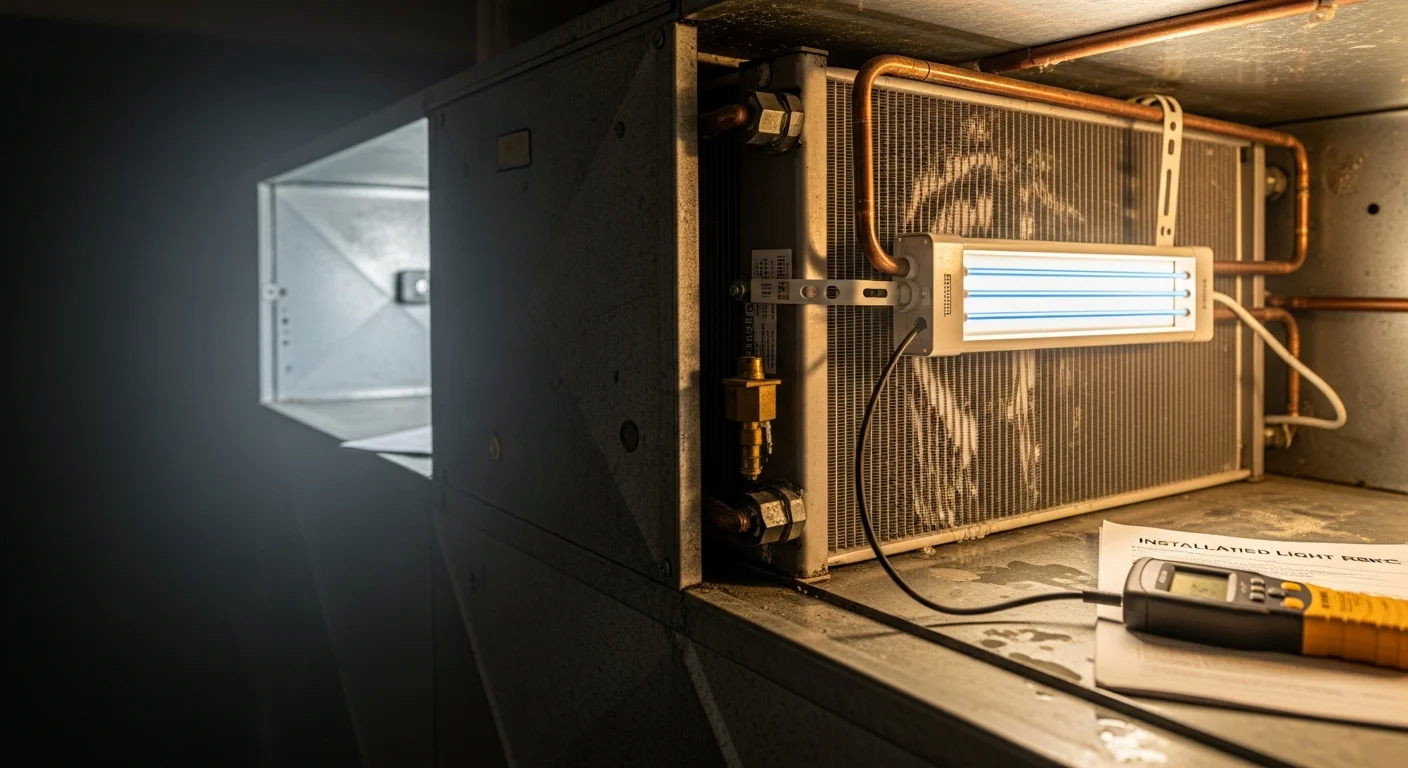 A UV-C germicidal light installed inside a commercial HVAC air handler unit in a North Myrtle Beach, SC facility. The unit is mounted near the evaporator coil inside an open access panel, showing the lamp positioned for continuous coil and airflow treatment.